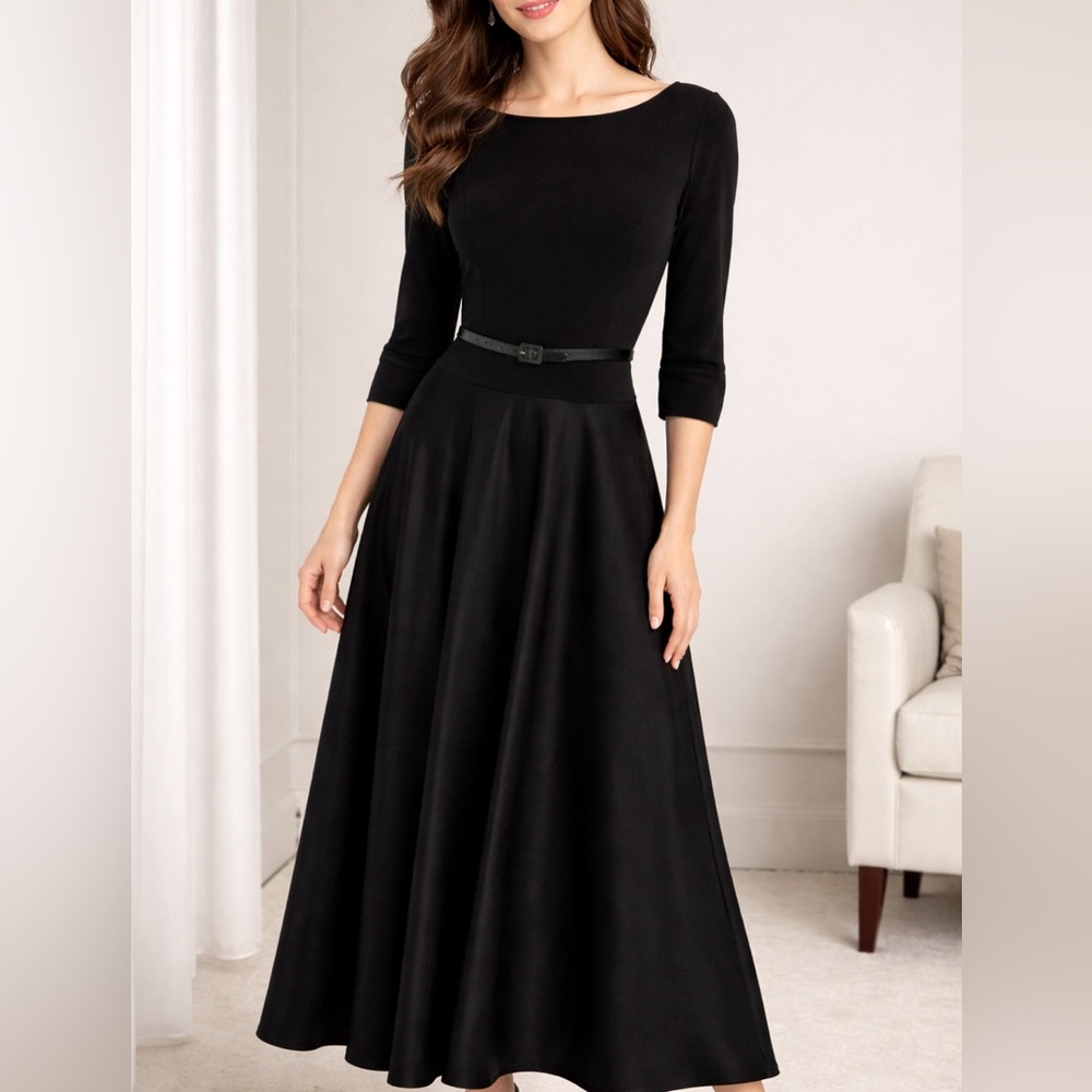 Tadashi Vintage 90s Petite Black A-Line Belted Formal Gown Wedding Guest Size 8P